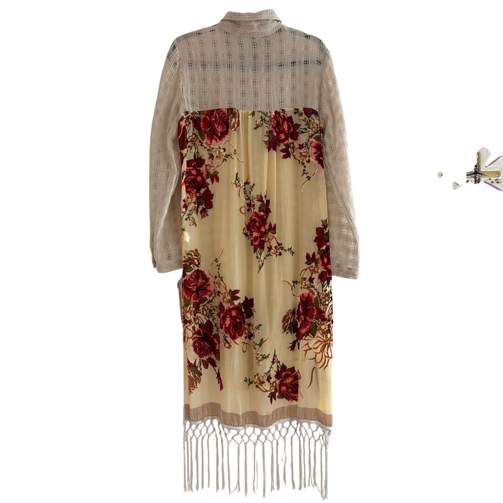 Aratta Linen See Through Button Up Top Cardigan Tassel Floral Velvet Boho Medium